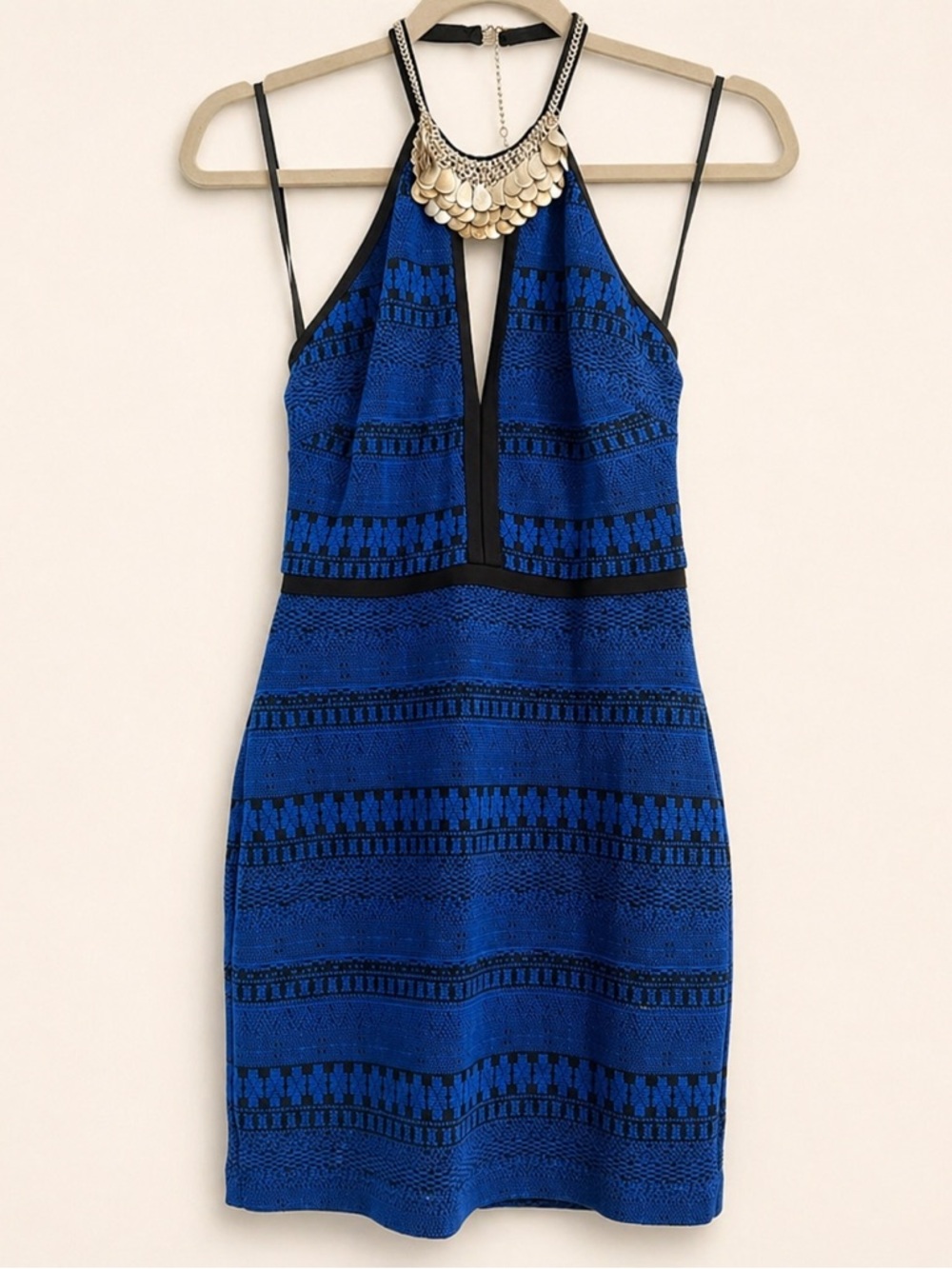 Bebe Blue & Black Halter Mini Dress w/ Statement Necklace Detail – Size 4